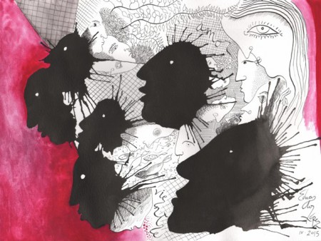 Haciendo la corte en el agua. Gouache y tinta sobre papel. 24 x 32 cm.